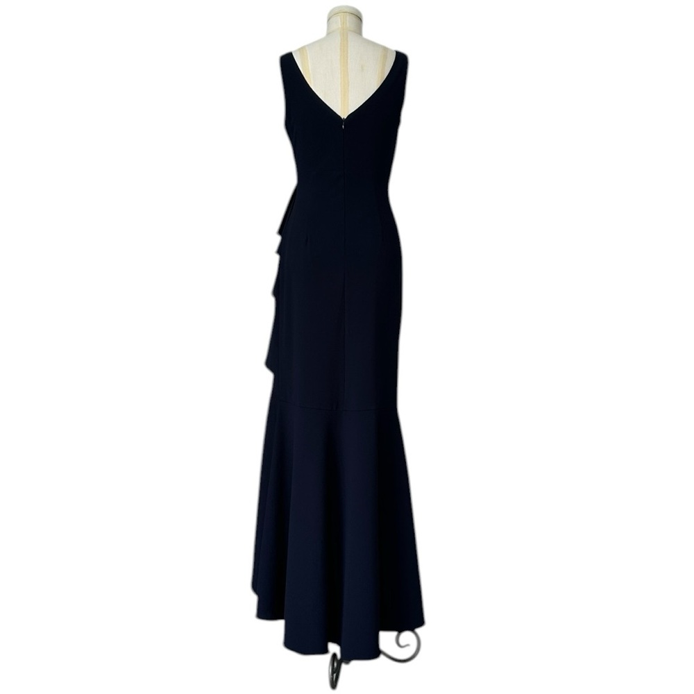 Betsy & Adam Candace Long V-neck Hi Low Cascade Dress Front Ruffle Navy Size 4 - Picture 11 of 15